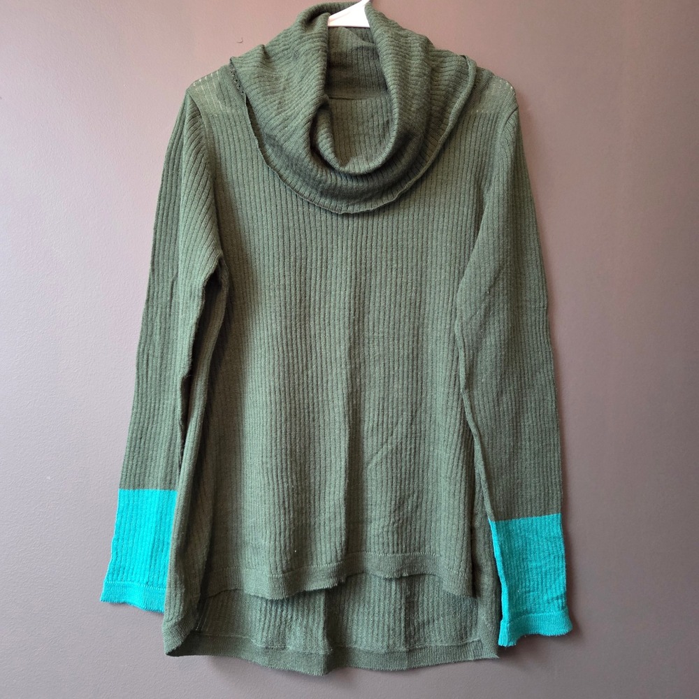 Prana Green Ribbed Cowl Neck Long Sleeve Tunic Top Teal Cuff Accent‎ Size L
